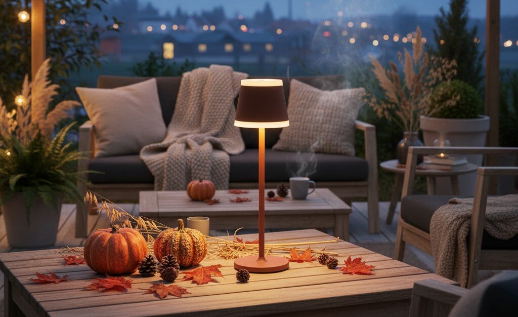 Dekorative Tischleuchte für den Außenbereich im Herbst