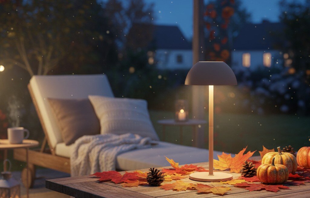 Dekorative Tischleuchte für den Außenbereich im Herbst