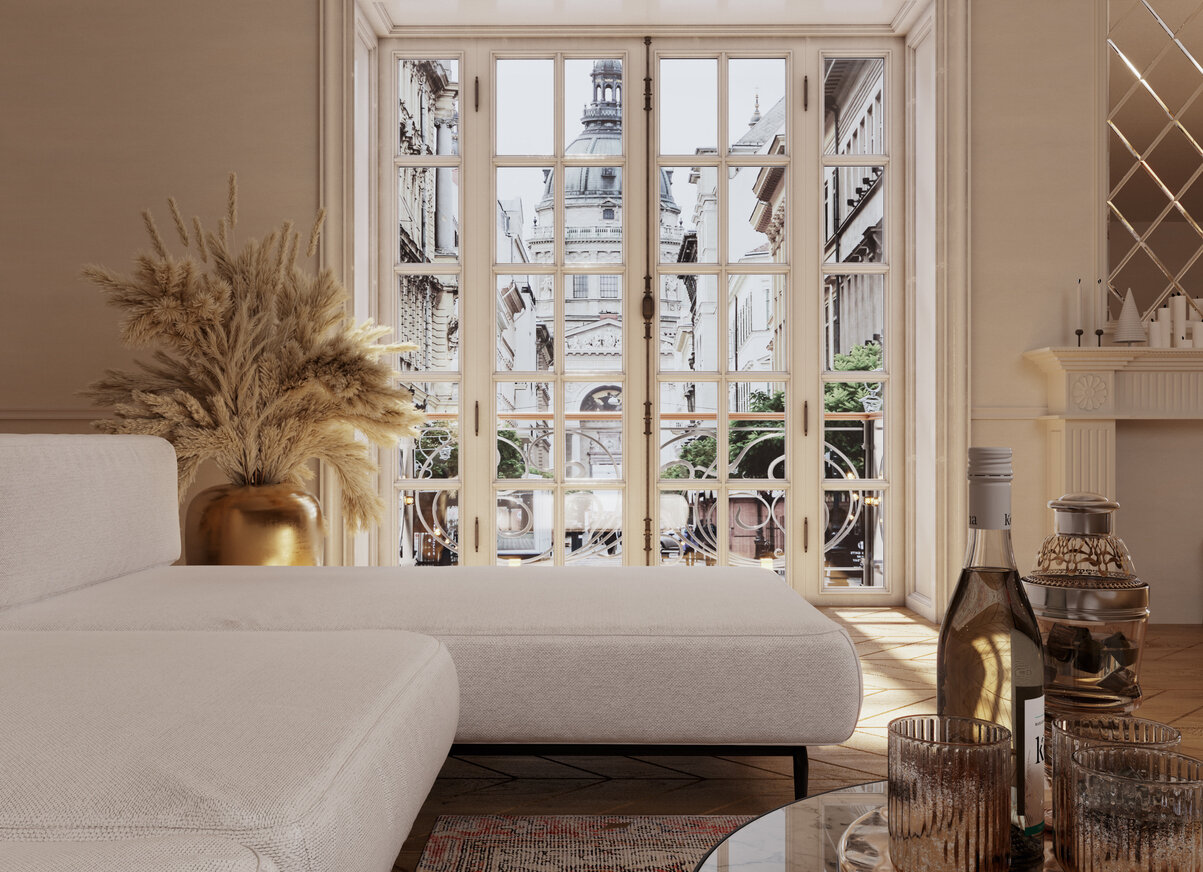 Modernes, gemütliches Wohnzimmer-Interieur im französischen Stil mit historischem Stadtbild