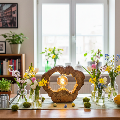 Holzleuchte auf frühlingshaftem Tisch