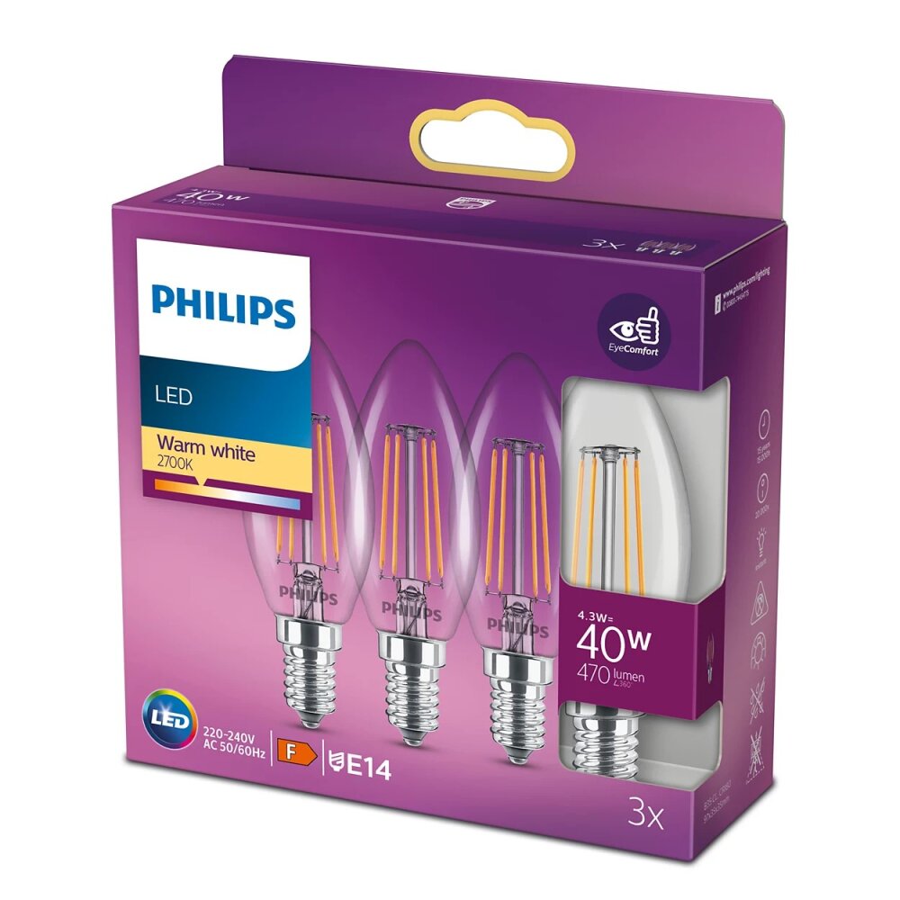 Philips LED 3er Set E14 4,3 Watt 2700 Kelvin 470 Lumen main product photo