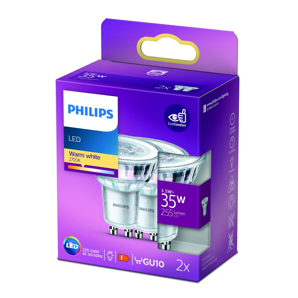 Philips 2er Set LED GU10 3,5 Watt 2700 Kelvin 255 Lumen main product photo