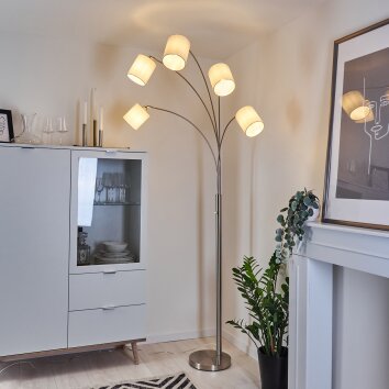 Antillo Bogenleuchte Nickel-Matt, 5-flammig, Stoff-Lampenschirm