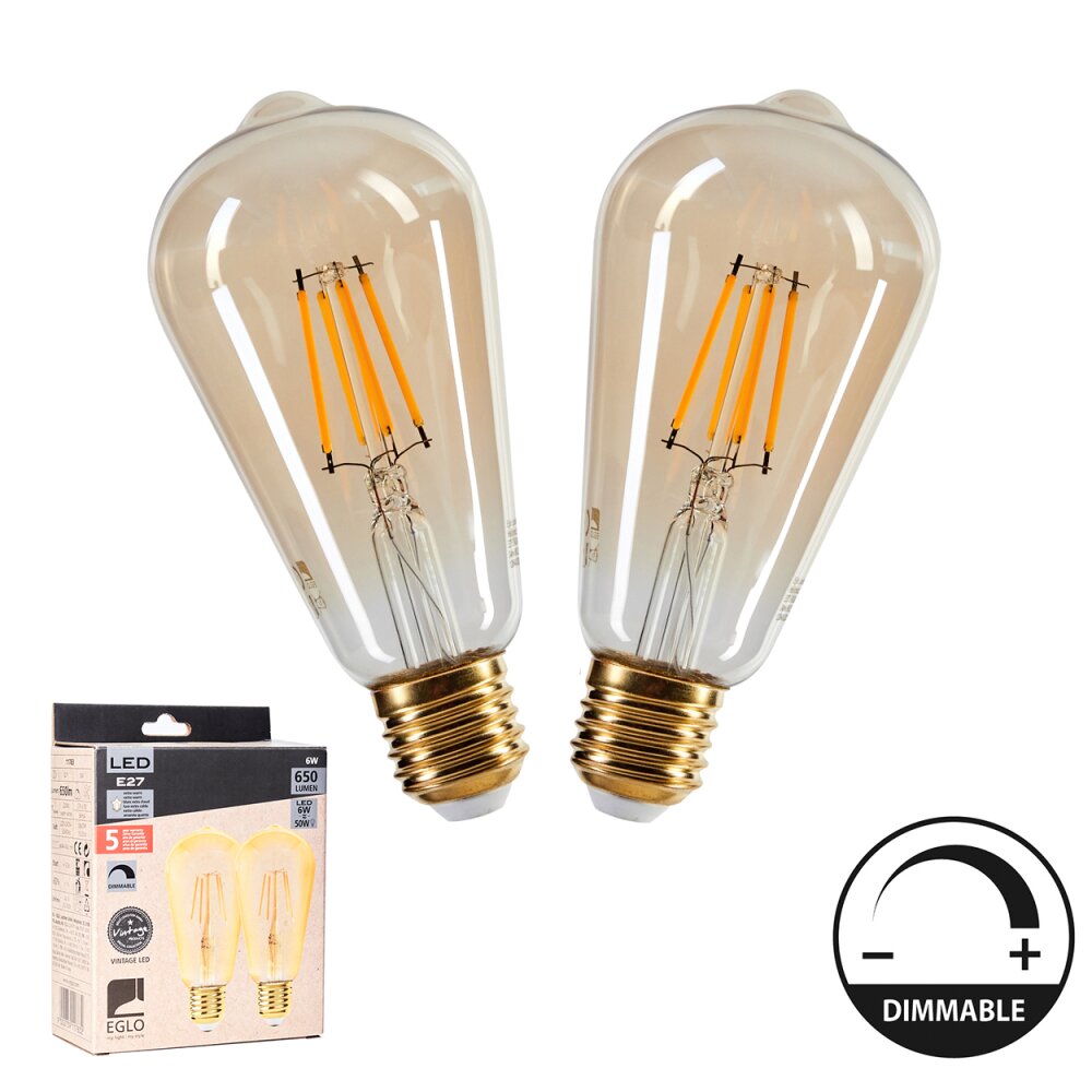 E27 2er Set LED 6 Watt 2200 Kelvin 650 Lumen Bernsteinfarben, Messing, 1-flammig main product photo