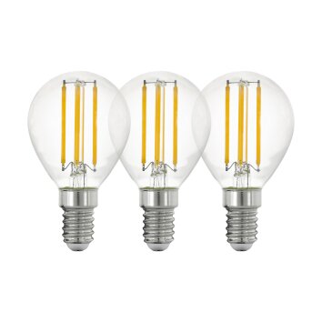 LED Leuchtmittel 3-er Set, Runde Glühbirne mit E14 Fassung 4 Watt,  15.000 Stunden, 15.000 On/Off, 470 Lumen, 2700 Kelvin, nicht dimmbar Klar, 3-flammig