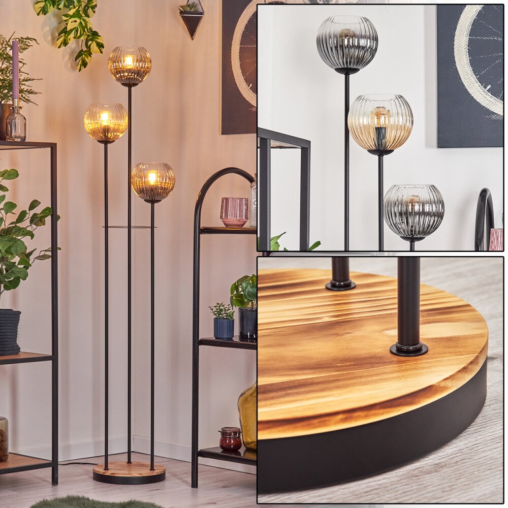Koyoto Stehleuchte Glas 15 cm Holz hell, Schwarz, 3-flammig main product photo