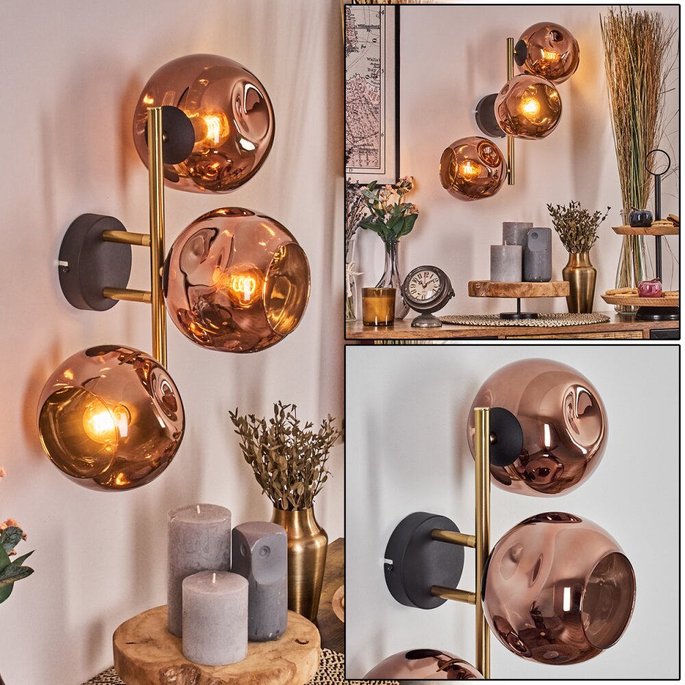 Ripoll Wandleuchte Glas 15 cm Gold, Schwarz, 3-flammig main product photo