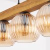 Holzbalken-Pendelleuchte Koyoto mit 5 geriffelten Glas-Kugelschirmen in Bernstein