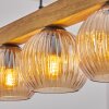 Holzbalken-Pendelleuchte Koyoto mit 5 geriffelten Glas-Kugelschirmen in Bernstein