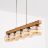Holzbalken-Pendelleuchte Koyoto mit 5 geriffelten Glas-Kugelschirmen in Bernstein