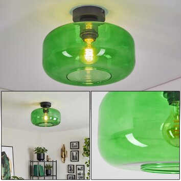 Retro-Deckenleuchte Boza mit bauchigem grünem Glasschirm, ø 28 cm, E27