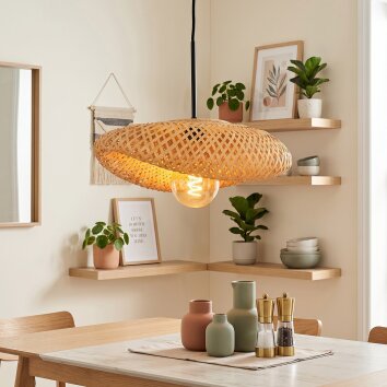 Bauro Bambus Pendelleuchte mit naturfarbenem Geflechtschirm, Länge 40 cm