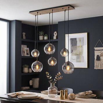 Koyoto Pendelleuchte 6-flammig mit Rauchglas-Kugeln ø 15/20 cm am Kiefernholzbalken