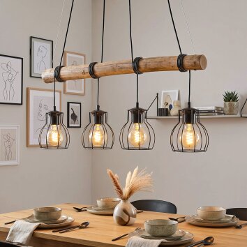Gondo Holzstab Pendelleuchte 4-flammig mit Metallkäfig-Schirm, Länge 80 cm