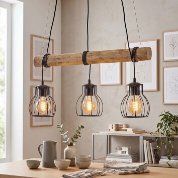 Pendelleuchte Gondo mit Holzstab, 3 schwarze Käfigschirme, Kabel wickelbar, Länge 60 cm