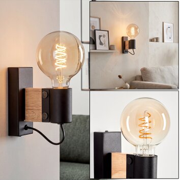 Lemou Wandleuchte Holz Metall E27, naturfarbener Holzblock für Wohnzimmer