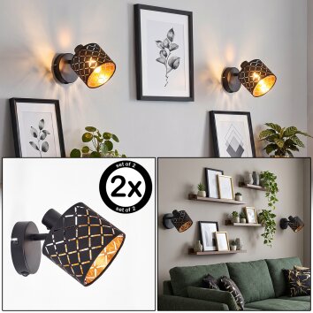 Tallaboa Wandspot mit Schalter, 2er-Set, goldfarbener Stoff-Lampenschirm mit Muster