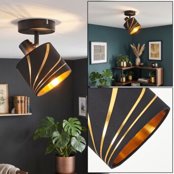 Alsen Deckenleuchte mit schwarz-goldenem Stoffschirm, verstellbare Deckenlampe