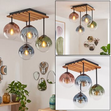 Gastor Deckenleuchte mit bunten Glasschirmen ø 15 cm, Holzlamellen, 4-flammig