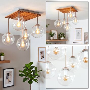 Cluster-Deckenleuchte Gastor mit Holzlamellen-Abdeckung und 5 klaren Glasschirmen