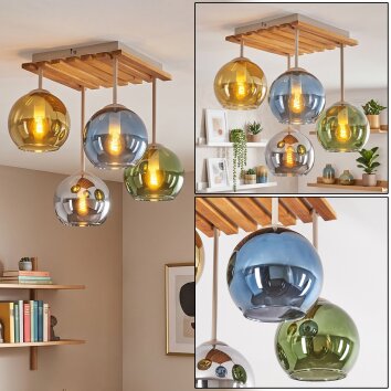Koyoto Holz-Deckenleuchte mit bunten Kugel-Glasschirmen, 4-flammig, E14