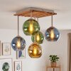 Kugelleuchte Koyoto mit naturfarbener Holzlamellenplatte und 5 bunten Glasschirmen ø 15 cm