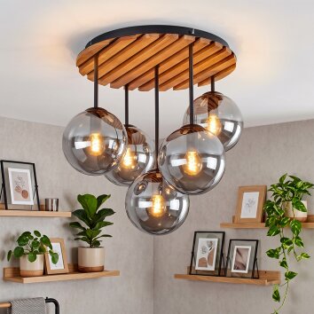 Moderne Deckenleuchte Gastor mit Holzlamellen-Abdeckung und 5 Rauchglasschirmen ø 15 cm