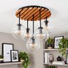 Boho-Cluster-Deckenleuchte Gastor mit klaren Glasschirmen und naturfarbener Holzplatte