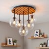 Boho-Cluster-Deckenleuchte Gastor mit klaren Glasschirmen und naturfarbener Holzplatte