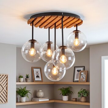 Boho-Cluster-Deckenleuchte Gastor mit klaren Glasschirmen und naturfarbener Holzplatte