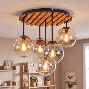 Boho Cluster-Deckenleuchte Gastor mit klaren Schirmen, Naturfarben-Lamellenplatte