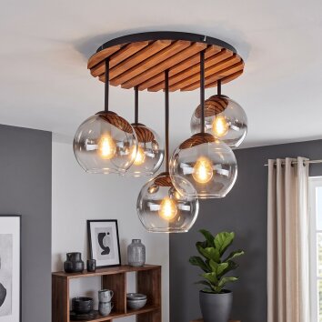 Naturfarbene Boho-Cluster-Deckenleuchte Koyoto mit Holzlamellenplatte und 5 klaren Glaskugeln
