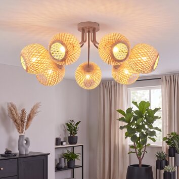 Boho-Cluster-Deckenleuchte Basto mit 7 kugelförmigen naturfarbenen Bambusschirmen