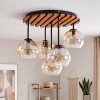 Boho-Deckenleuchte Koyoto mit Holzlamellen-Abdeckung, 5 Glasschirmen in Klar, Bernstein