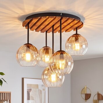 Boho-Deckenleuchte Koyoto mit Holzlamellen-Abdeckung, 5 Glasschirmen in Klar, Bernstein