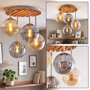 Cluster-Deckenleuchte Gastor mit Holzlamellen-Abdeckung in Naturfarben und 4 Glasschirmen