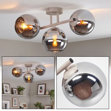 Moderne Cluster-Deckenleuchte Koyoto mit drei Kugel-Glasschirmen in Chrom und Rauchfarben