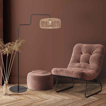 Steinhauer Bloeba Bogenstehlampe mit braunem Holzschirm, Metall, dimmbar, E27