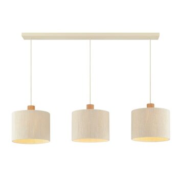Brilliant Pendelleuchte Arlo mit 3 zylindrischen beigen Stoffschirmen und Holzdetails